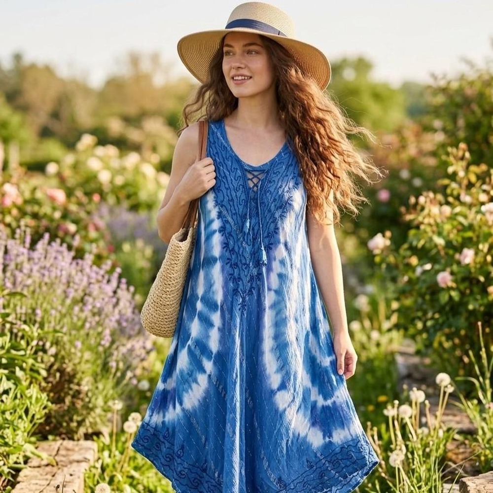 Boho Indigo Tie-Dye Umbrella Dress | Flowy Festival Beach Vacation Maxi